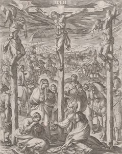 Kristus korsfæstet mellem de to tyve, de tre Mariaer ved foden af korset, 1612. af Antonio Tempesta