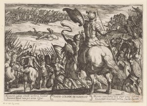 David dræber Goliat David Goliam Interficit (titel på objekt) Det Gamle Testamentes kampscener (serietitel) af Antonio Tempesta