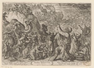 Ægypterne er ved at drukne i Det Røde Hav Farao Mergitur (titel på objekt) Det Gamle Testamentes kampscener (serietitel) af Antonio Tempesta
