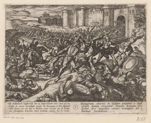 Romerne bliver besejret af de hollandske tropper ved Bonn De bataviske krige mod romerne (serietitel) Batavorum cum Romanis Bellum (serietitel) af Antonio Tempesta
