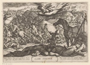 Dødens engel besejrer Sankeribs hær Clades Senachrib (titel på objekt) Det Gamle Testamentes kampscener (serietitel) af Antonio Tempesta