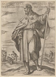 De heilige Jakobus de Meerdere Han, der steg op til himlen, sidder ved Gud den Almægtige Faders højre hånd (titel på objektet) Kristus, Maria og apostlen (serietitel) af Antonio Tempesta