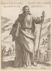 De heilige Jakobus de Mindere Lider under Pontius Pilatus, korsfæstet, død og begravet (titel på objektet) Kristus, Maria og apostlen (serietitel) af Antonio Tempesta