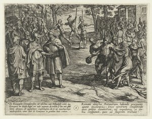 De gamle bataviske mænd afkøber deres tjeneste for romerne, 69-70 The Batavian Revolt (serietitel) Batavorum cum Romanis Bellum, à majs. Tacito / The Batavian Oft Oude Hollandtsche Krijghe teghen de Romeynen (serietitel på objekt) af Antonio Tempesta
