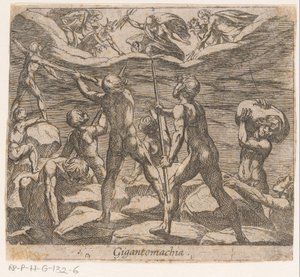 Kæmperne forsøger at angribe Olympus Gigantomachia (titel på objekt) Metamorphoseon sive transformationum (serietitel) Metamorphoses of Ovid (serietitel) af Antonio Tempesta