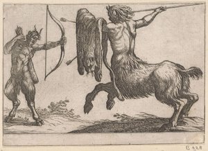 En kentaur angriber en satyr Kampdyr (serietitel) af Antonio Tempesta