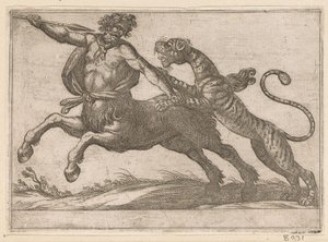 En tiger, der kæmper mod en kentaur Kampdyr (serietitel) af Antonio Tempesta