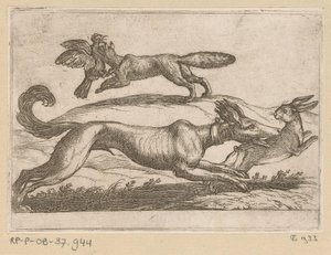 En ræv angriber en kylling og en hund angriber en hare Kampdyr (serietitel) af Antonio Tempesta
