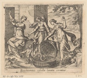 Erichthonius uit zijn mand gelaten Erichthonius ses med en løs kurv (titel på objekt) Metamorfoseon eller transformationer (serietitel) Metamorfosen van Ovidius (serietitel) af Antonio Tempesta