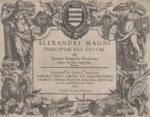 Frontispice til Alexander den Stores liv, til venstre er Bellona og til højre en kvinde ..., 1608. af Antonio Tempesta