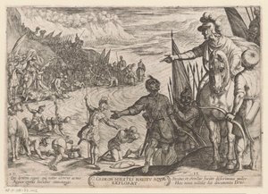 Gideon vælger sine soldater Gedeon milites haustu aquae explorat (titel på objekt) Det Gamle Testamentes kampscener (serietitel) af Antonio Tempesta