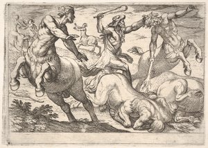 Hercules and the Centaurs: Hercules holder hovedet af en kentaur med sin venstre hånd og rai..., 1608.