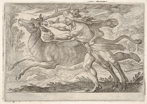 Hercules and the Hind of Mount Cerynea: Hercules skrider langs med bagdelen og griber..., 1608. af Antonio Tempesta