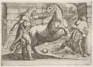 Hercules and the Mares of Diomedes: Hercules griber tøjlen på en opvoksende hest, en sekund..., 1608.