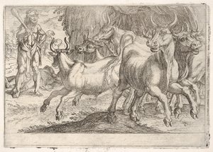 Hercules and the Oxen of Geryones: Med en kølle løftet af sin højre hånd konfronterer Hercules..., 1608. af Antonio Tempesta
