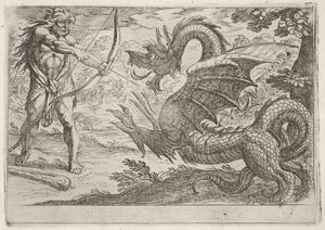 Hercules and the Serpent Ladon: Hercules trækker sin bue, den opdrættende slange dukker op i pro..., 1608.