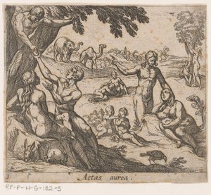 Guldalderen Aetas aurea (titel på objekt) Metamorphoseon sive transformationum (serietitel) Metamorphoses of Ovid (serietitel) af Antonio Tempesta