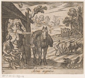 Sølvalderen Aetas argentea (titel på objekt) Metamorphoseon sive transformationum (serietitel) Metamorphoses of Ovid (serietitel) af Antonio Tempesta