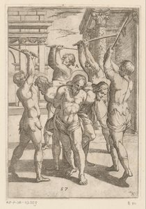 Slag af tre helgener med bundet ryg Tortur udsat af kristne martyrer (serietitel) Varia tormentorum et supplicioru crudelium (...) (serietitel) af Antonio Tempesta