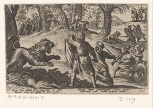 Jacht op leeuwen Diverse jacht- en kampscener (serietitel) Jagt på udyr, fugle og fisk. Dyrenes slag: og gensidige udyr (serietitel) af Antonio Tempesta