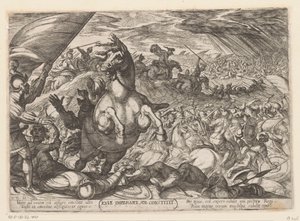 Joshua befaler solen at stå stille Iosue imperante sol constitit (titel på objekt) Det Gamle Testamentes kampscener (serietitel) af Antonio Tempesta