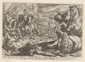 Josva lammer hestene og brænder nationernes vogne Iosue absoluto bello crura hostium equis amputat, currus comburit (titel på objekt) Det Gamle Testamentes kampscener (serietitel) af Antonio Tempesta
