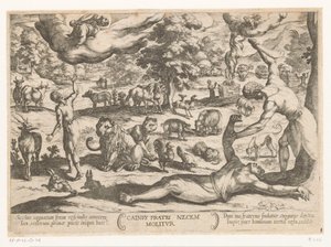 Kain dræber Abel Cainus fratri necem molitur (titel på objekt) Det Gamle Testamentes kampscener (serietitel) af Antonio Tempesta