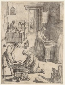 Mænd og kvinder, der vejer, siler og koger bouillon