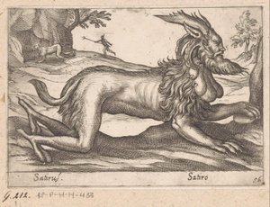 monstrøse væsen Satirus/ Satiro (titel på objekt) Dyr og mytiske væsner (serietitel) Nova raccolta de li animali piu curiosi del mondo (serietitel) af Antonio Tempesta