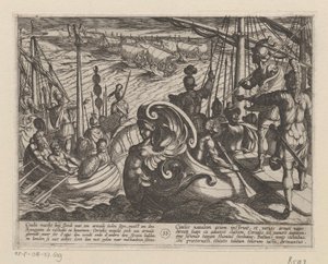 hollandske og romerske skibe på Rhinen De bataviske krige mod romerne (serietitel) Batavorum cum Romanis Bellum (serietitel) af Antonio Tempesta