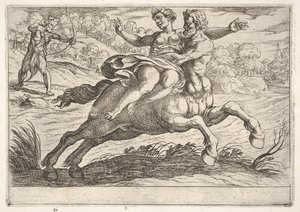 Nessus forsøger at tage Dejanira fra Hercules: Nessus holder Dejanira tilbage på ryggen, 1608. af Antonio Tempesta
