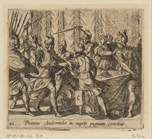 Phineus verstoort brylluppet af Perseus en Andromeda Phineus provokerer Andromeda til at kæmpe ved hendes bryllup (titel på objekt) Metamorfoseon eller transformationer (serietitel) Metamorfosen van Ovidius (serietitel) af Antonio Tempesta