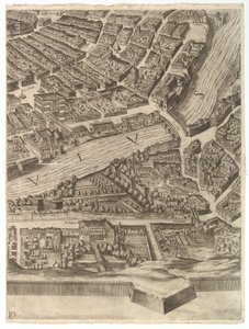 Plan for byen Rom. Del 10 med Tiberen og Villa Farnesina, 1645. af Antonio Tempesta