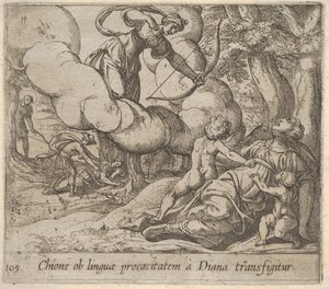 Plade 105: Diana retter sin bue mod Chione, som er ledsaget af to børn, i en anden..., 1606. af Antonio Tempesta