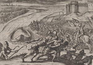Plade 12: At trække et kar fyldt med korn til land, fra The War of the Romans Against ..., 1611. af Antonio Tempesta