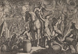 Plade 13: Angreb på den romerske fæstning om natten, fra The War of the Romans Against the Ba..., 1611. af Antonio Tempesta