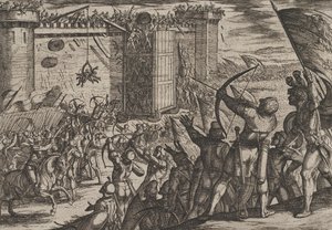 Plade 14: Nyt angreb på den gamle fæstning, fra The War of the Romans Against the Batavians..., 1611. af Antonio Tempesta