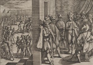 Plade 18: Civilis hemmelige møde med andre ledere fra Trier, fra The War of the Rom..., 1611. af Antonio Tempesta