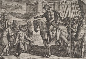 Plade 19: Mænd fra fæstningen overgiver sig og lover deres liv til Civilis, fra krigen ..., 1611. af Antonio Tempesta