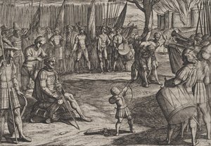 Plade 20: Civilis, der klipper sit hår, fra The War of the Romans Against the Batavians R..., 1611. af Antonio Tempesta