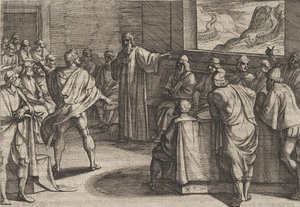 Plade 23: Konference om, hvilke skridt der skal tages over for romernes nye tropper, der nærmer sig ..., 1611. af Antonio Tempesta