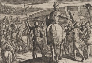 Plade 24: De nye romerske troppers fremskudsvagt vendte tilbage, fra The War of the Roman..., 1611. af Antonio Tempesta