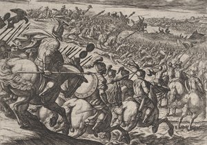 Plade 25: Den romerske kommandør Cerialis angreb nær Trier, fra The War of the Romans Agai..., 1611. af Antonio Tempesta