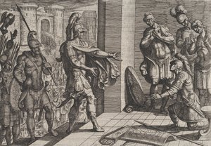 Plade 26: Cerialis benåder og aflaster romerske soldater, der havde hjulpet Civilis, fra The Wa..., 1611. af Antonio Tempesta