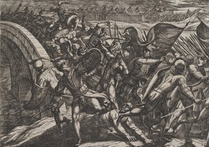 Plade 27: Hollænderne under et overraskende angreb af den romerske lejr ved Mosel, fra The Wa..., 1611. af Antonio Tempesta