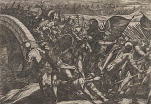 Plade 27: Hollænderne under et overraskende angreb af den romerske lejr ved Mosel, fra The Wa..., 1611. af Antonio Tempesta