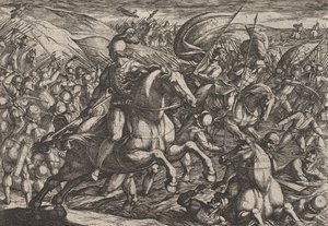Plade 30: Cerialis driver hollænderne ind i Rhinen, fra The War of the Romans Against th..., 1611. af Antonio Tempesta