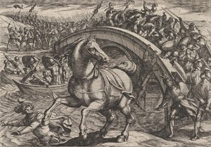 Plade 31: Civilis tvunget til at stige af og svømme over floden, fra The War of the Romans..., 1611. af Antonio Tempesta