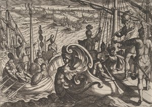Plade 33: Hollandske og romerske flotiller på Rhinen, fra The War of the Romans Against the B..., 1611. af Antonio Tempesta