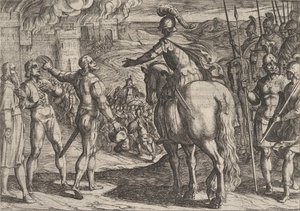 Plade 34: Romerne brænder det hollandske landskab, fra The War of the Romans Against the..., 1611. af Antonio Tempesta